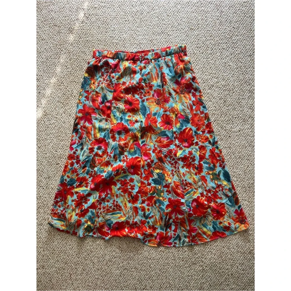 Philosophy Large Red & Teal Floral Maxi Skirt Slit Lined
